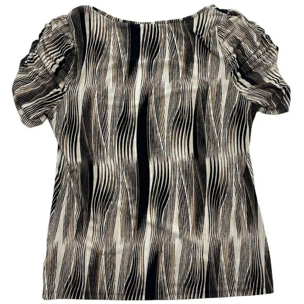 Worthington Brown Cream Black Stretch Knit‎ Ruched Sleeve Top sz Small